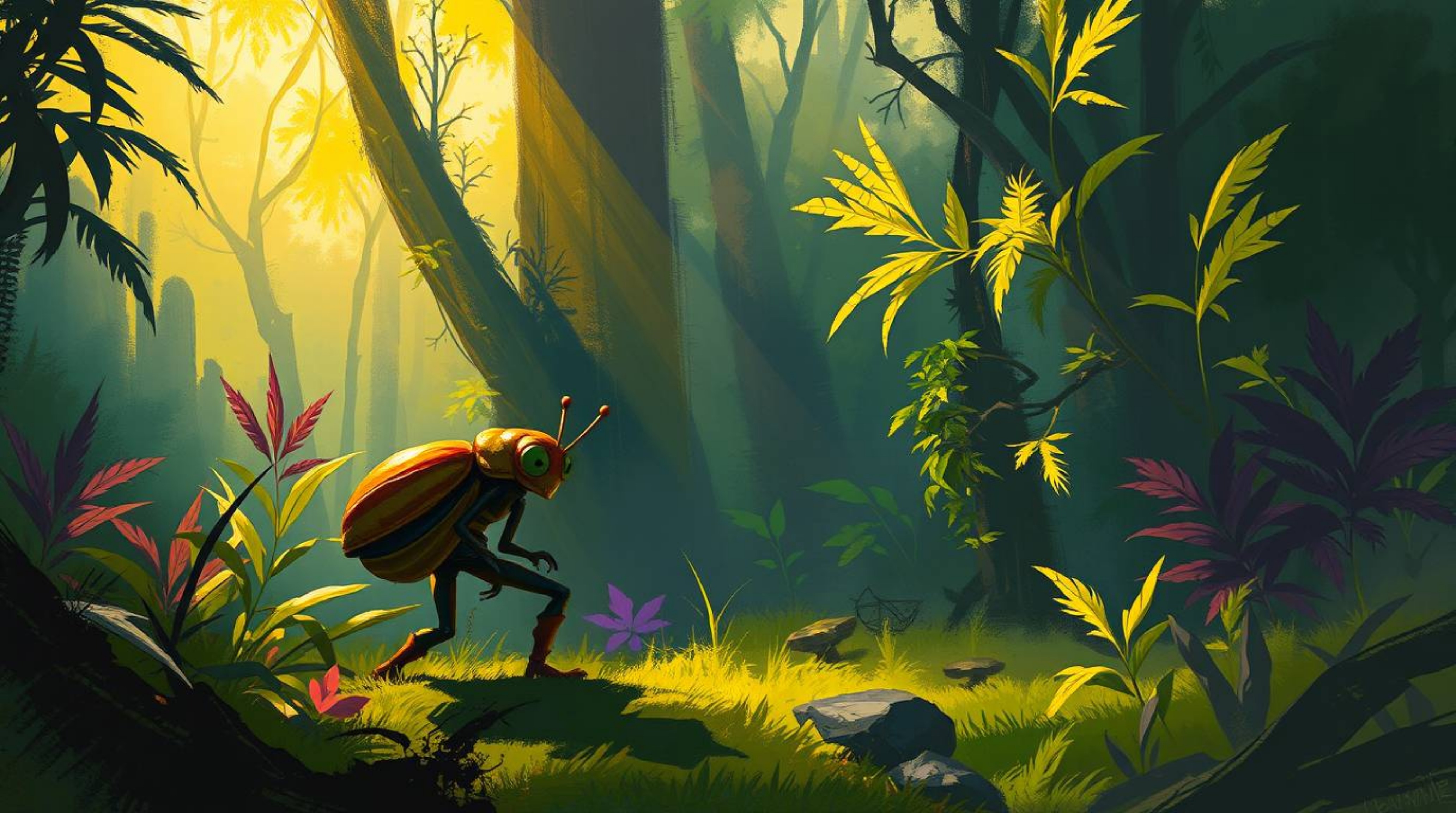 Explore a vibrant backyard jungle through the eyes of a bug-sized hero in this dynamic digital sketch. Featuring loose, paint