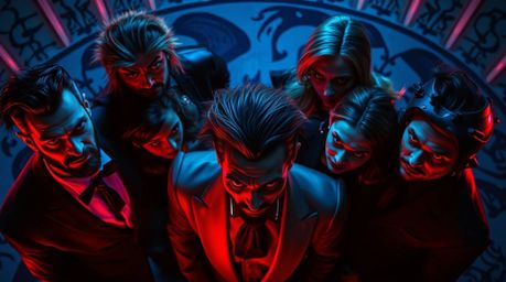 Discover a captivating overhead bird's-eye view of a team of unique misfit heroes, bathed in stunning burgundy and deep blue 
