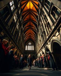 Explore a breathtaking scene of a magical school brimming with young wizards, captured in a captivating low-angle, split pers