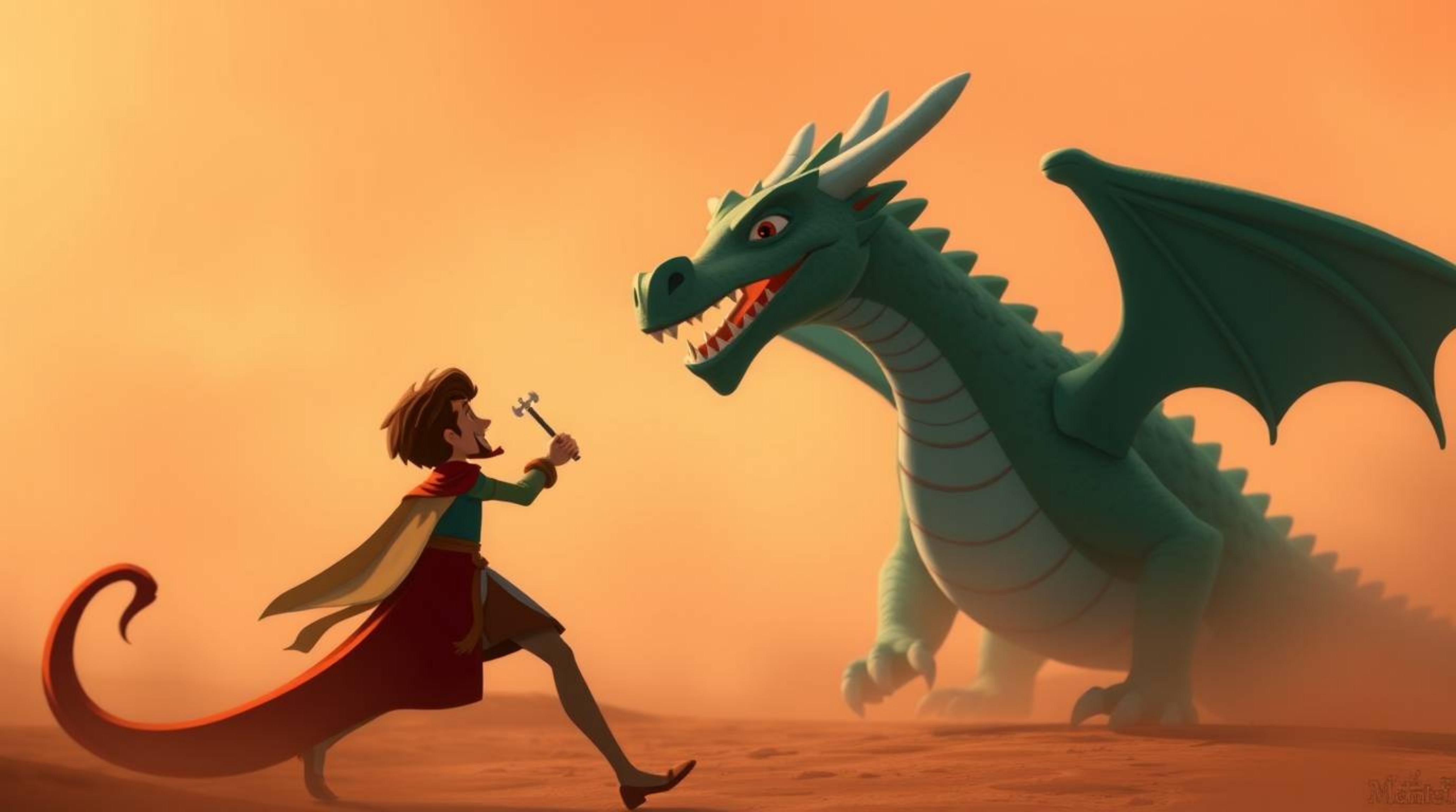 A captivating cinematic image depicting a charming prince battling a fierce dragon, rendered in a nostalgic 1950s animation s
