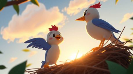 Experience the charm of classic animation with this high-angle perspective shot featuring two cartoon birds diligently buildi