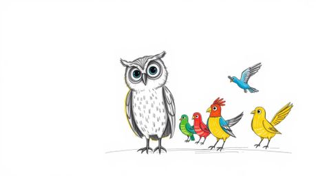 A whimsical hand-drawn sketch in the style of Pixar depicts a blind owl with gentle eyes teaching a class of colorful birds t