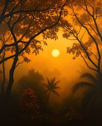 An evocative oil painting rendered in warm autumn colors, depicting a sunset seen through a dense jungle canopy. The scene is