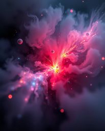 Witness the breathtaking spectacle of colliding galaxies in an extreme macro close-up.  Shrouded in thick fog, the cosmic exp