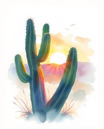 A delicate watercolor painting captures a desert cactus glowing in the last rays of the sun. The artist employs translucent w