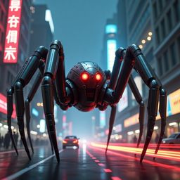 A colossal, meticulously crafted mechanical spider dominates a vibrant futuristic city. Its metallic frame, a blend of silver