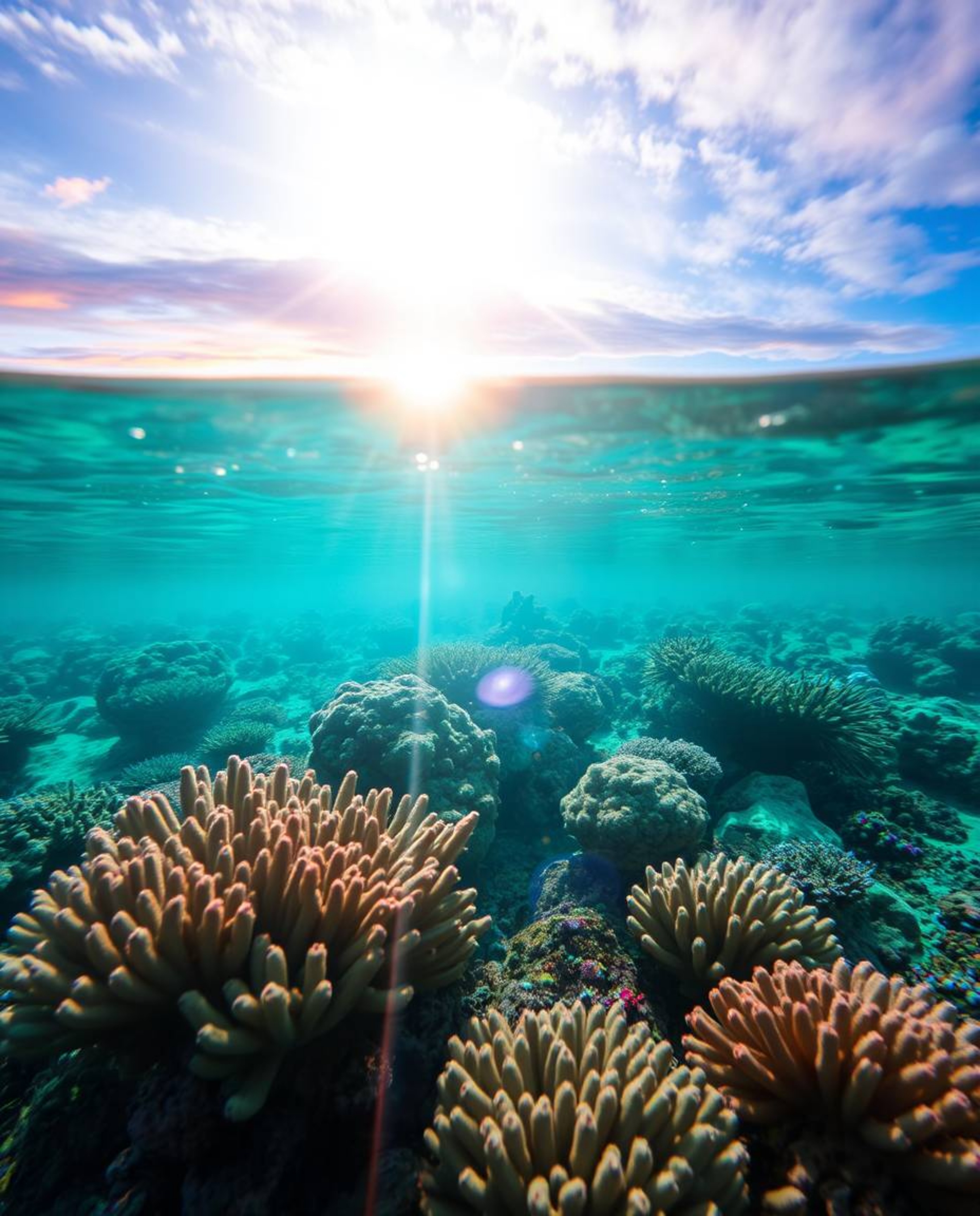 A stunning photograph of a coral reef at low tide, featuring a bright lens flare that creates a luxurious atmosphere. The sce