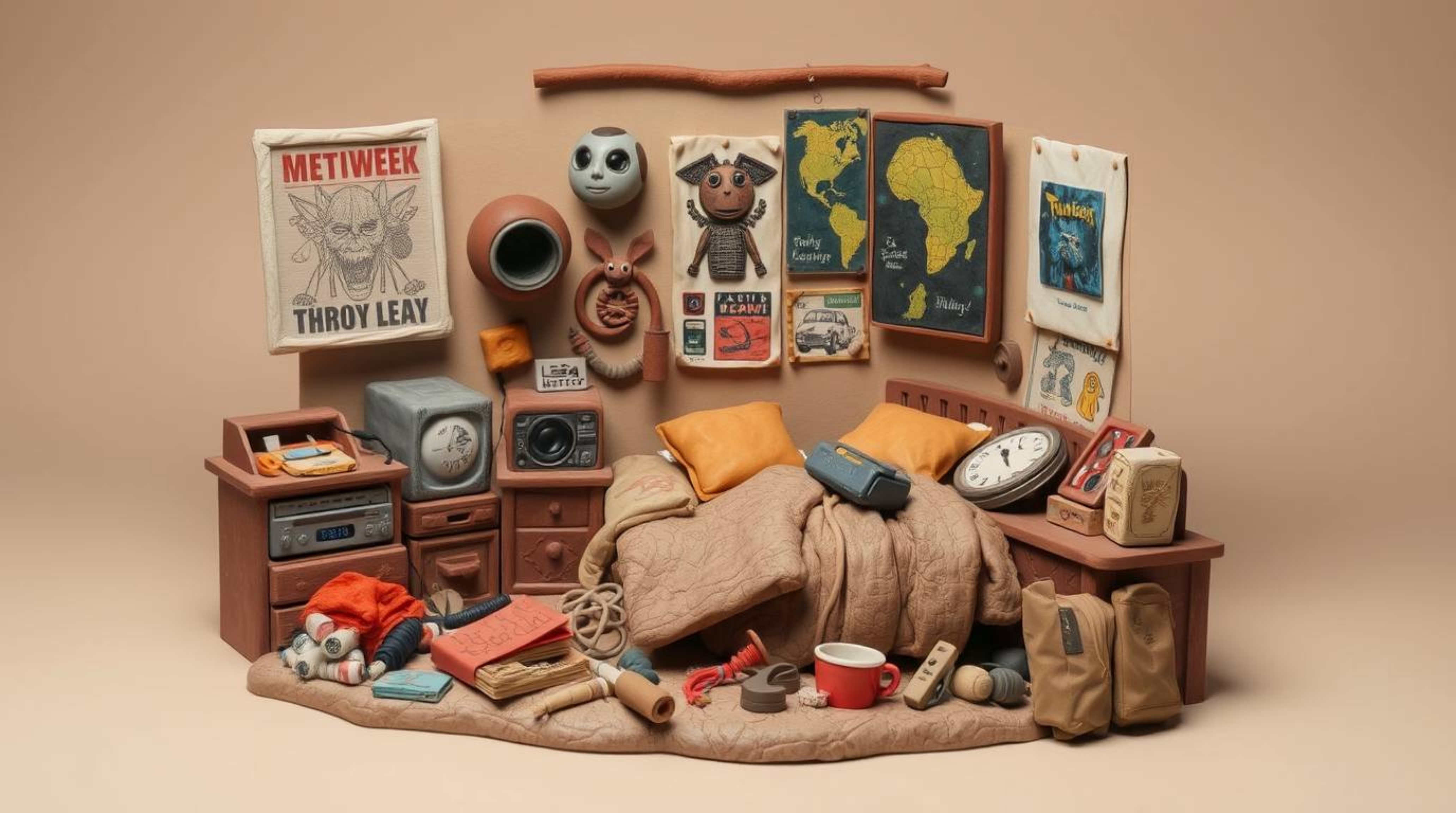 Discover a visually striking image of a messy bedroom, featuring unique clay sculptures of weird gadgets and posters.  The sc