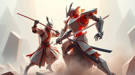 Witness a captivating clash between a samurai and a robot in an ethereal dystopian setting, meticulously crafted in intricate