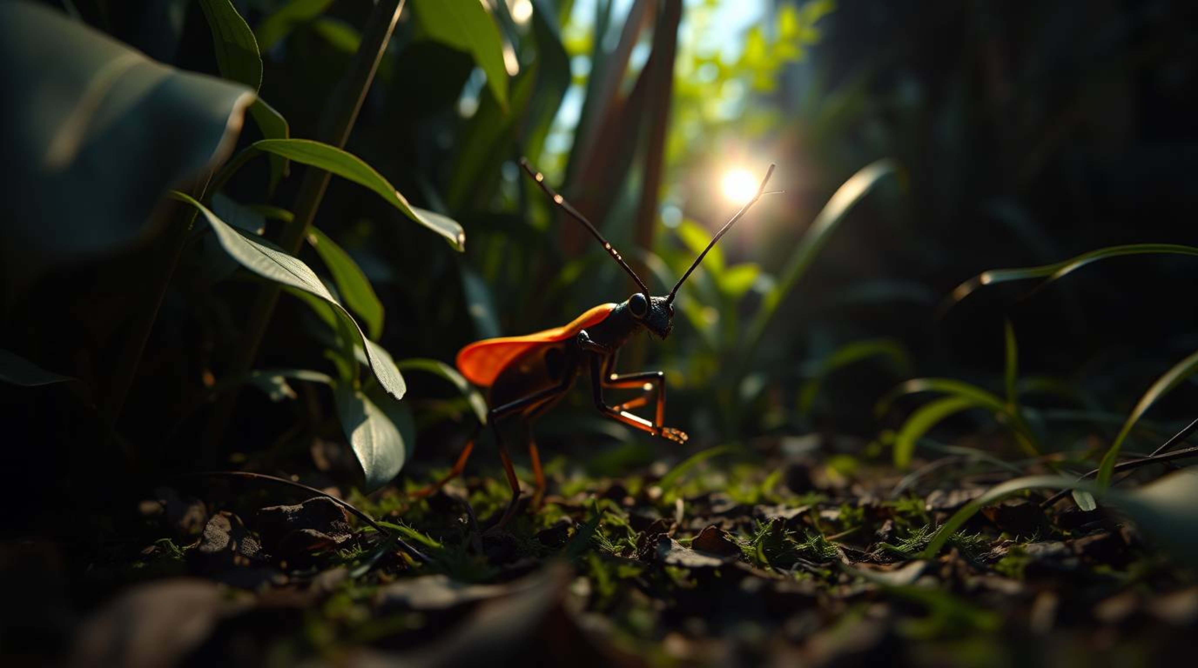 Explore a miniature world with this high-resolution stock photo showcasing a bug-sized hero venturing through a backyard jung