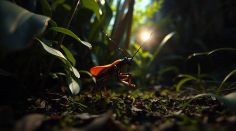 Explore a miniature world with this high-resolution stock photo showcasing a bug-sized hero venturing through a backyard jung