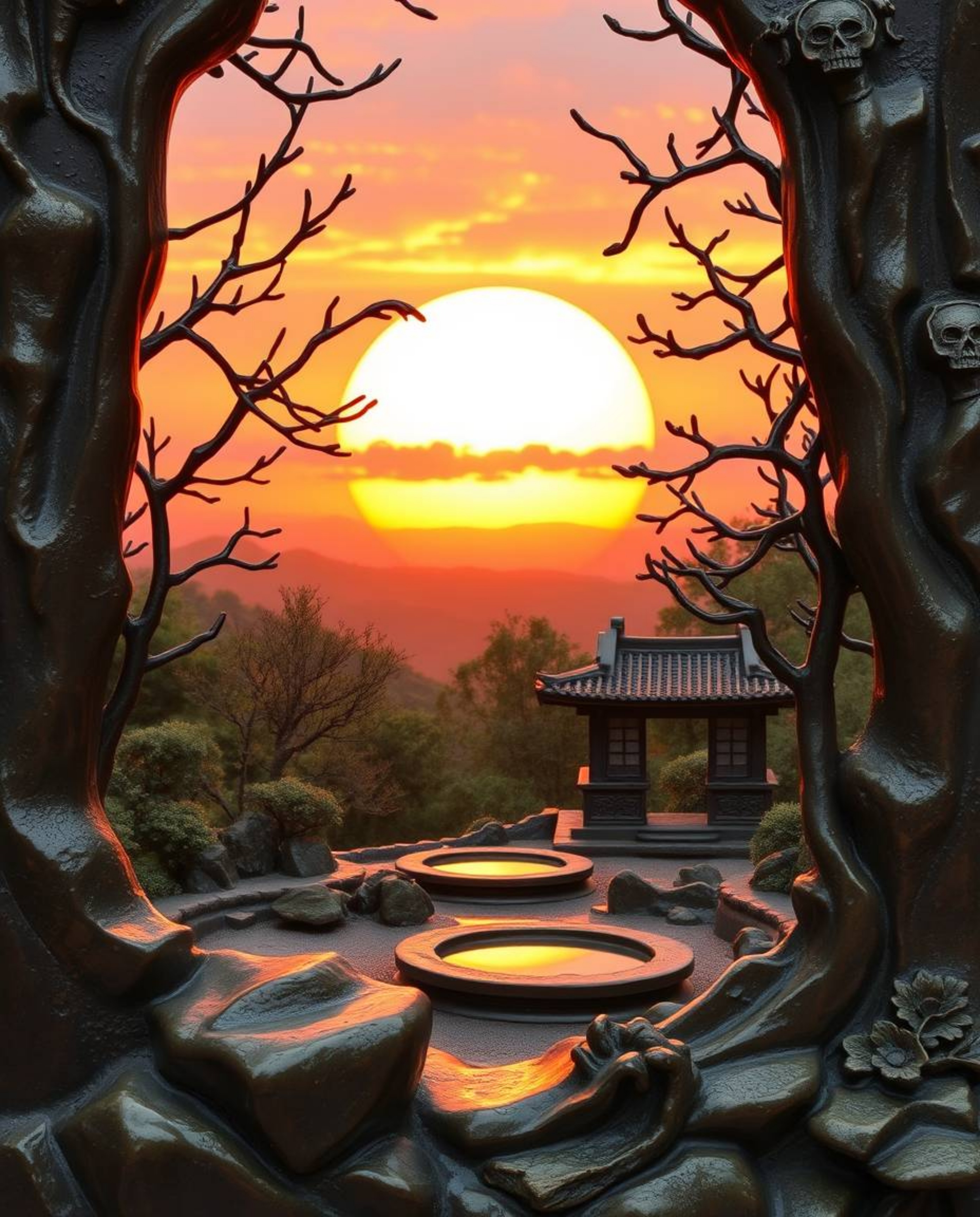 A cast bronze sculpture depicting a sunset over a serene Zen garden, featuring an antique patina finish, gentle color contras