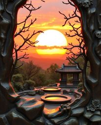 A cast bronze sculpture depicting a sunset over a serene Zen garden, featuring an antique patina finish, gentle color contras