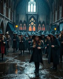 Explore a captivating magical school brimming with young wizards, brought to life in a dramatic cinematic style. The scene is