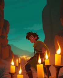 Embark on a captivating desert adventure with a brave Disney-style hero!  This stunning artwork features a warm candlelit sce