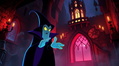 A classic Disney villain with glowing eyes casts a spell in an old castle, creating a mystic and enchanting environment. The