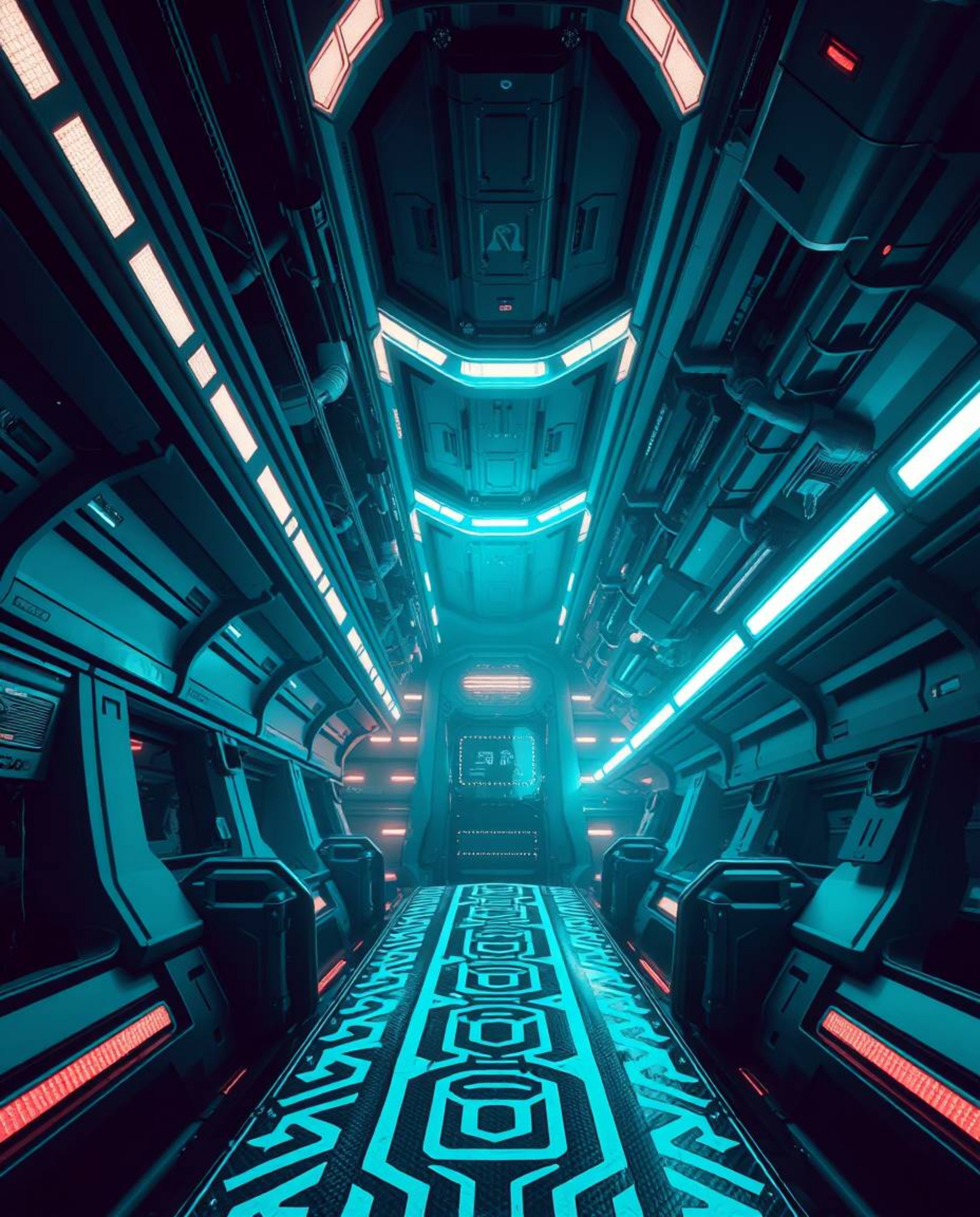 Immerse yourself in a futuristic sci-fi scene rendered in rich deep teal, viewed from a low angle perspective that emphasizes