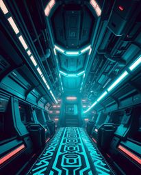 Immerse yourself in a futuristic sci-fi scene rendered in rich deep teal, viewed from a low angle perspective that emphasizes