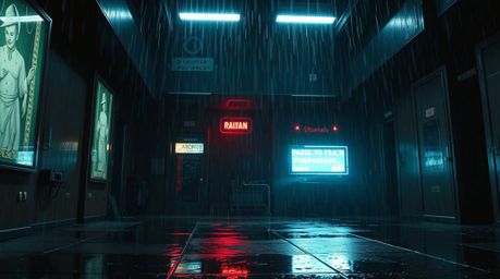A wet and unsettling scene unfolds in a dark, high-tech lair, depicting a villain's eerie and creepy breakdown. Drizzling rai