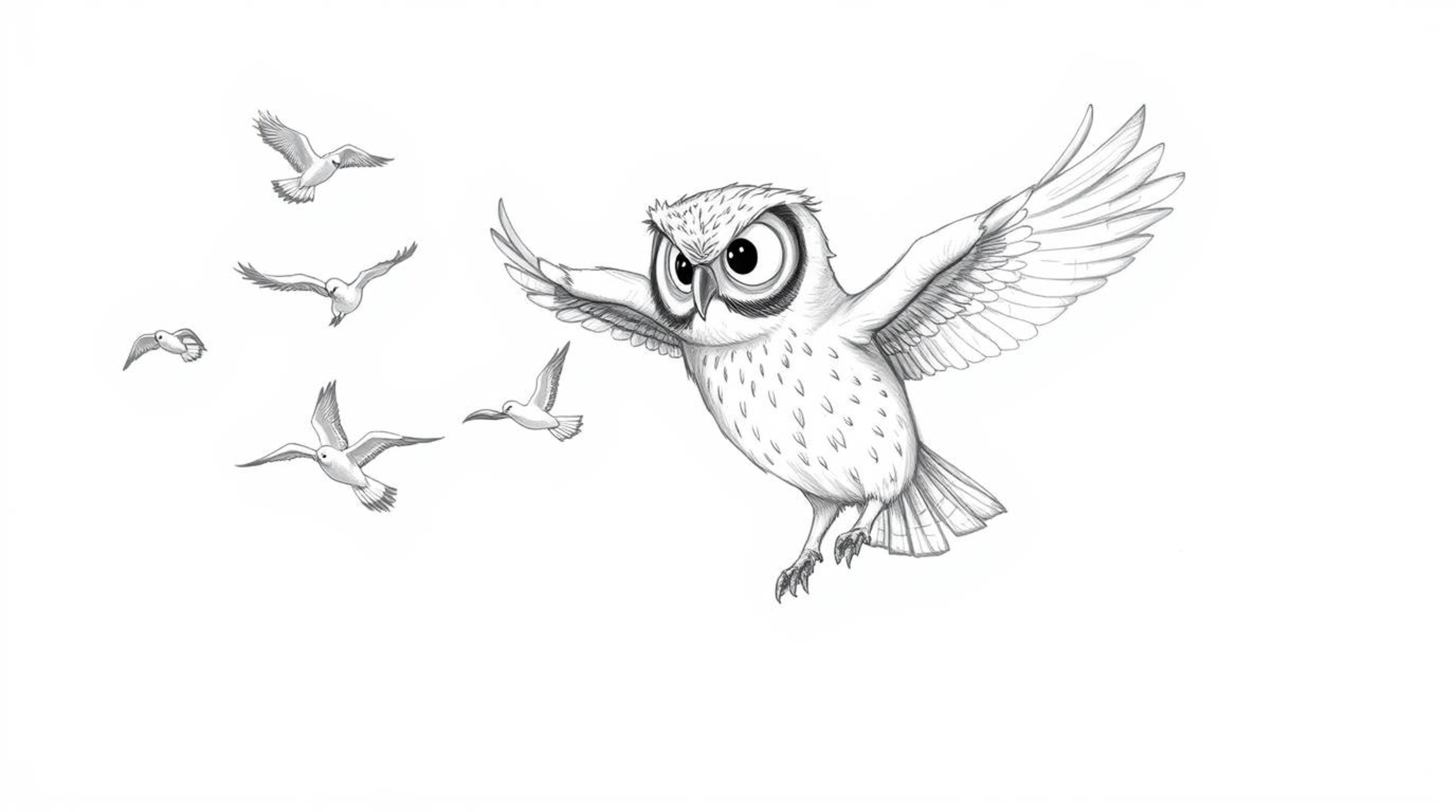 A captivating hand-drawn sketch depicts a blind owl, its plumage detailed with textured pencil strokes, leading a flock of vi