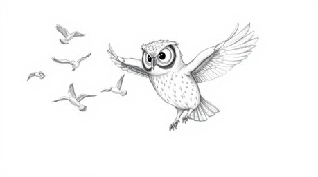 A captivating hand-drawn sketch depicts a blind owl, its plumage detailed with textured pencil strokes, leading a flock of vi