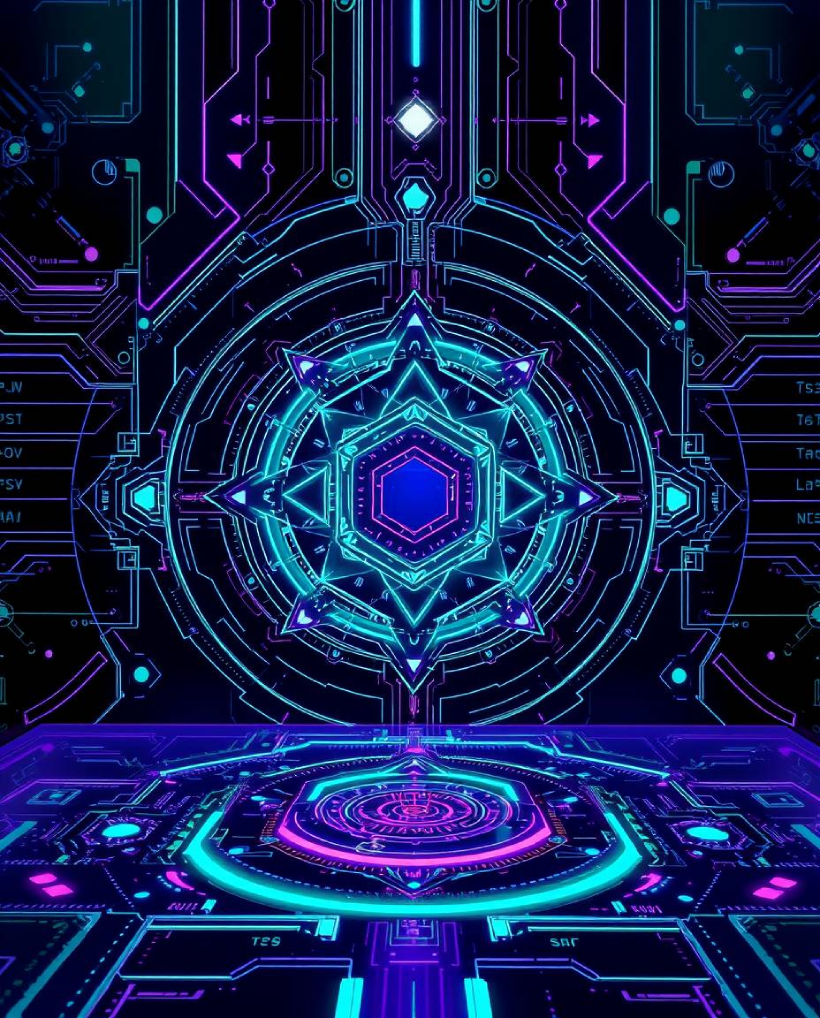 This image portrays a futuristic digital interface reminiscent of an Isekai anime style, showcasing geometric patterns and ho