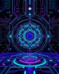 This image portrays a futuristic digital interface reminiscent of an Isekai anime style, showcasing geometric patterns and ho