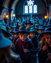 Immerse yourself in a high-resolution stock photo capturing a magical school teeming with young wizards. This image boasts ex