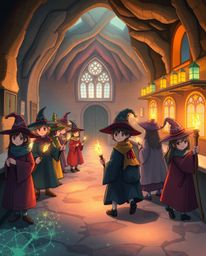 This captivating illustration transports you to a magical school teeming with young wizards. The scene is bathed in the ether