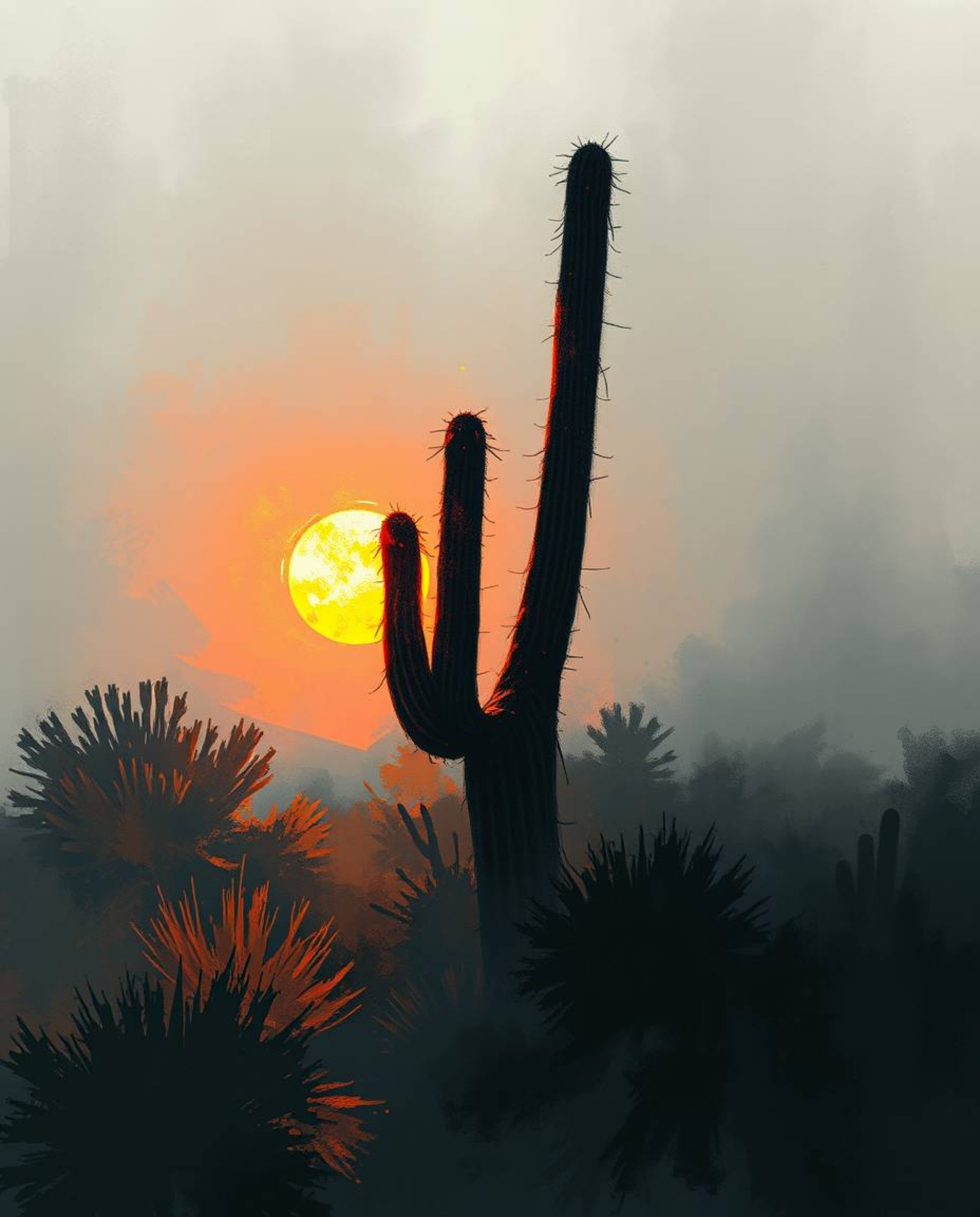 A dynamic digital sketch captures a desert cactus glowing in the sun's last rays, enveloped in a misty atmosphere. This piece