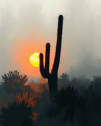 A dynamic digital sketch captures a desert cactus glowing in the sun's last rays, enveloped in a misty atmosphere. This piece