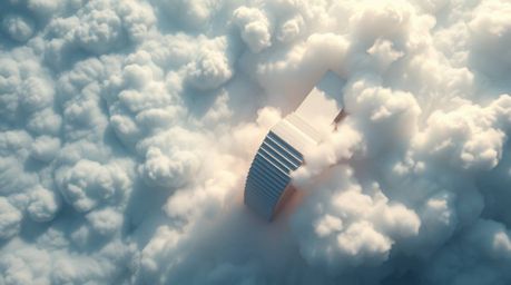 An overhead shot depicts a winding stairway crafted from smoke and light, ascending into a vast, cloudy sky.  This intricate 