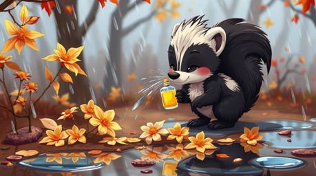 A cartoon skunk with detailed fur texture delicately sprays perfume on autumn flowers amidst a drizzling rain, creating a war