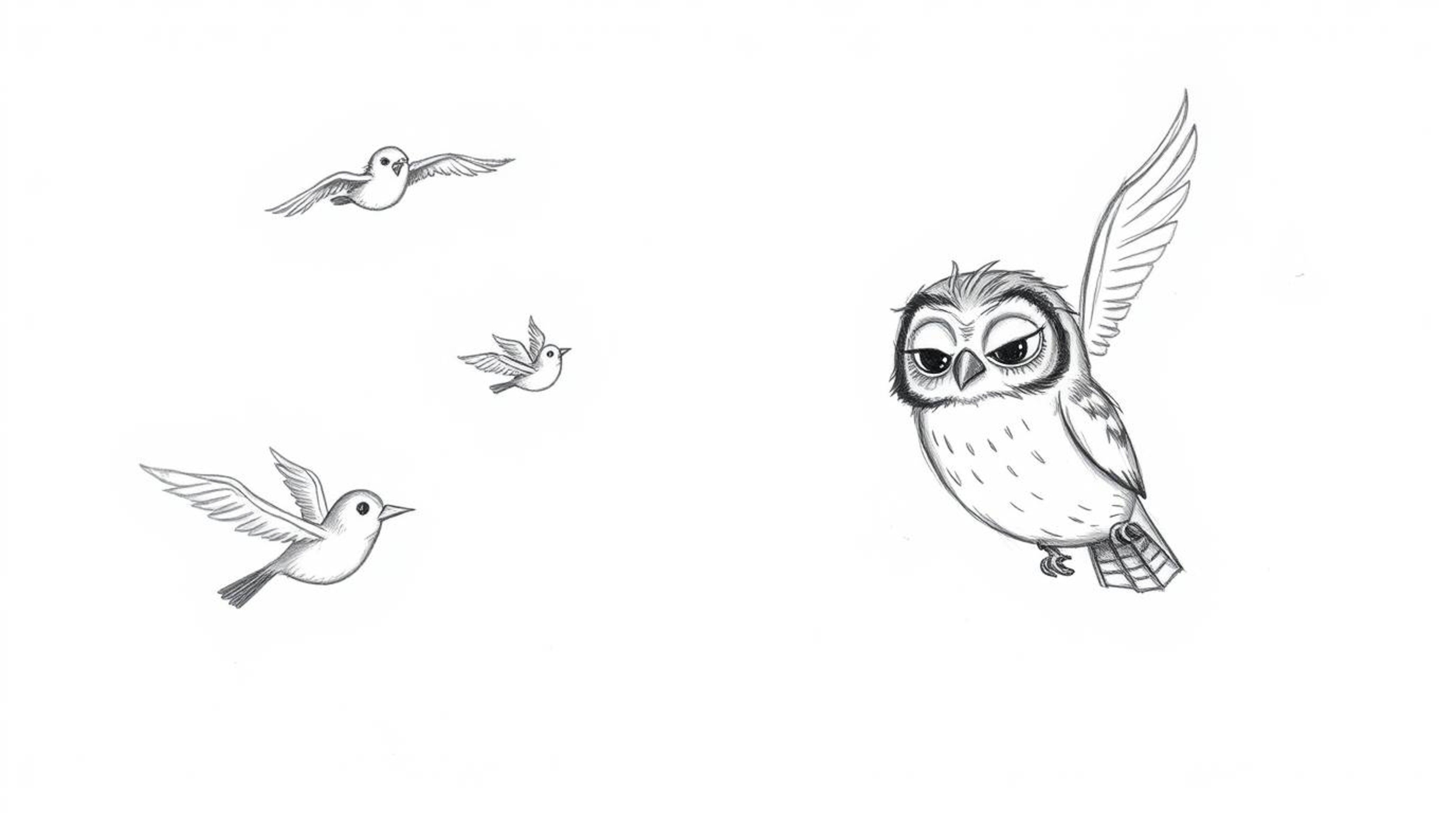 A heartwarming hand-drawn sketch in the style of Pixar depicts a blind owl with gentle features patiently teaching several bi