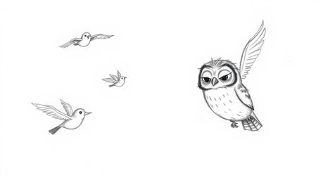 A heartwarming hand-drawn sketch in the style of Pixar depicts a blind owl with gentle features patiently teaching several bi