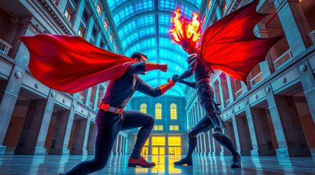 This striking architectural color photograph captures a superhero with a cape in the midst of an epic battle against a silly 