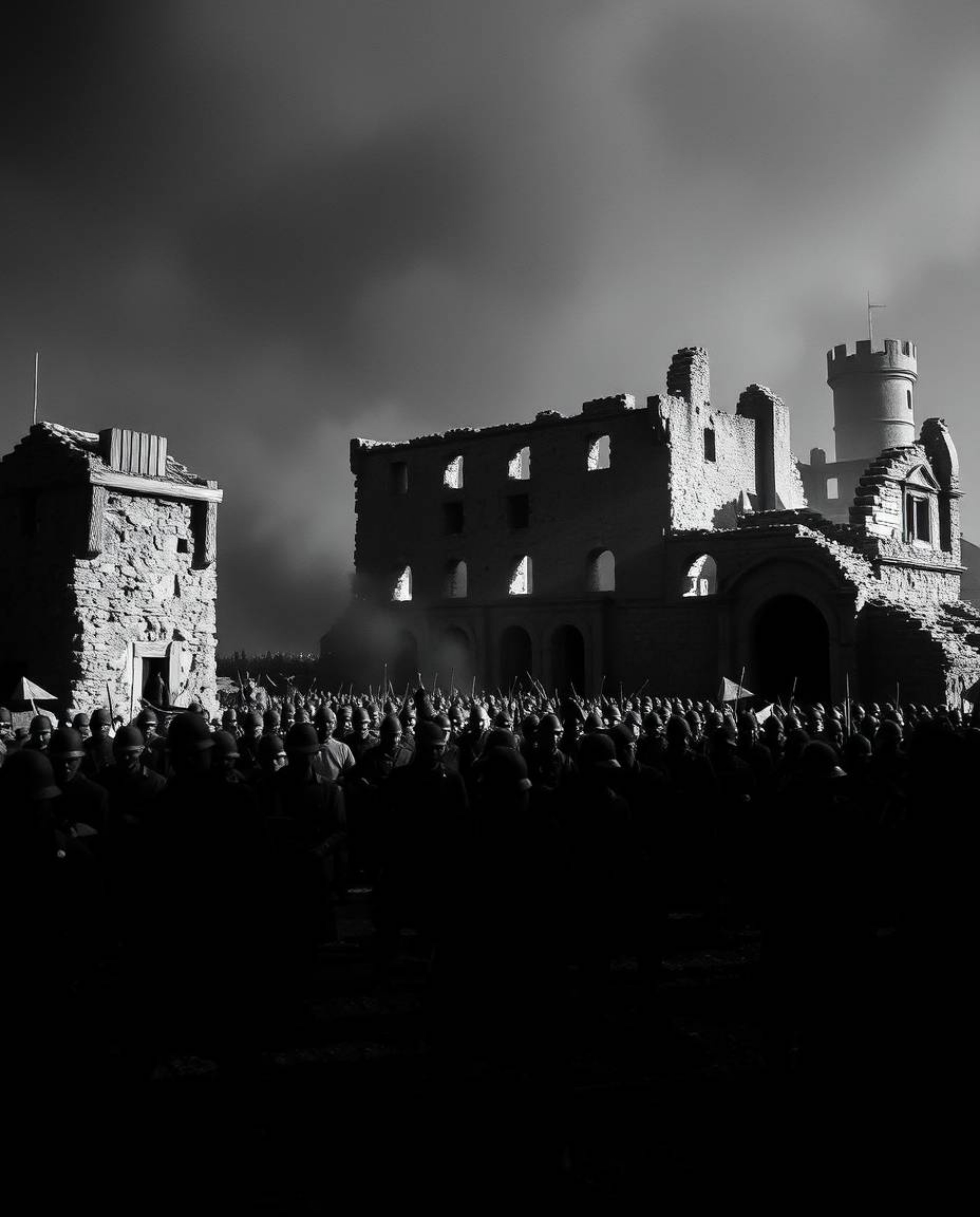 Explore a striking black and white battlefield scene featuring time-warped soldiers and decaying architecture, brought to lif