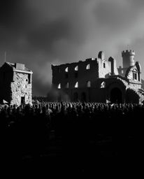 Explore a striking black and white battlefield scene featuring time-warped soldiers and decaying architecture, brought to lif