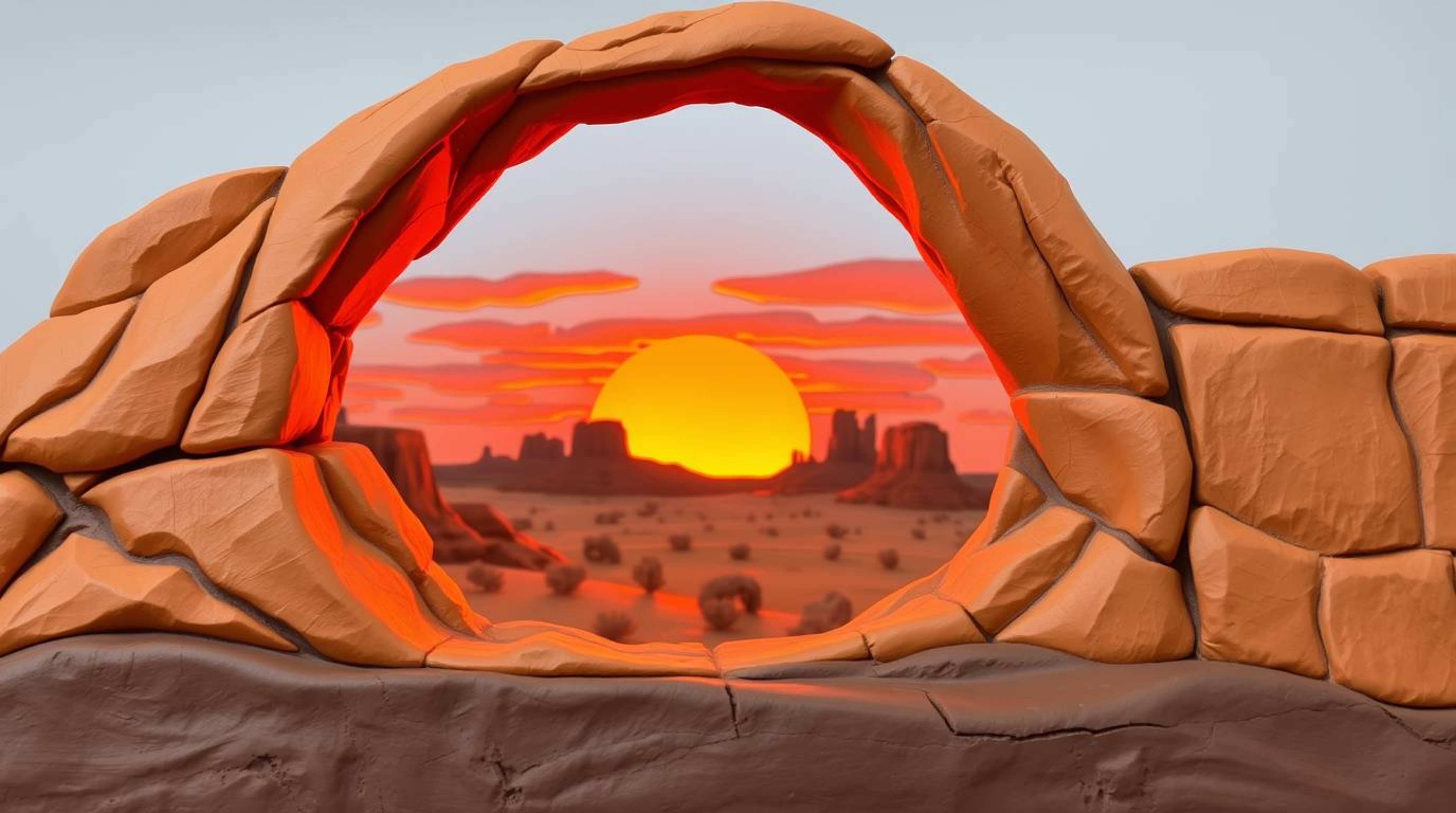 This striking sculptural clay artwork captures a vibrant sunset as seen through a natural rock arch in the desert. The piece 