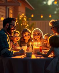 Experience a heartwarming Pixar-style family reunion bathed in a warm, golden glow, where strong, hard light creates dramatic