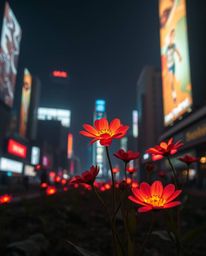 Explore the captivating blend of nature and urban decay with creative light art depicting flowers blooming in a post-apocalyp