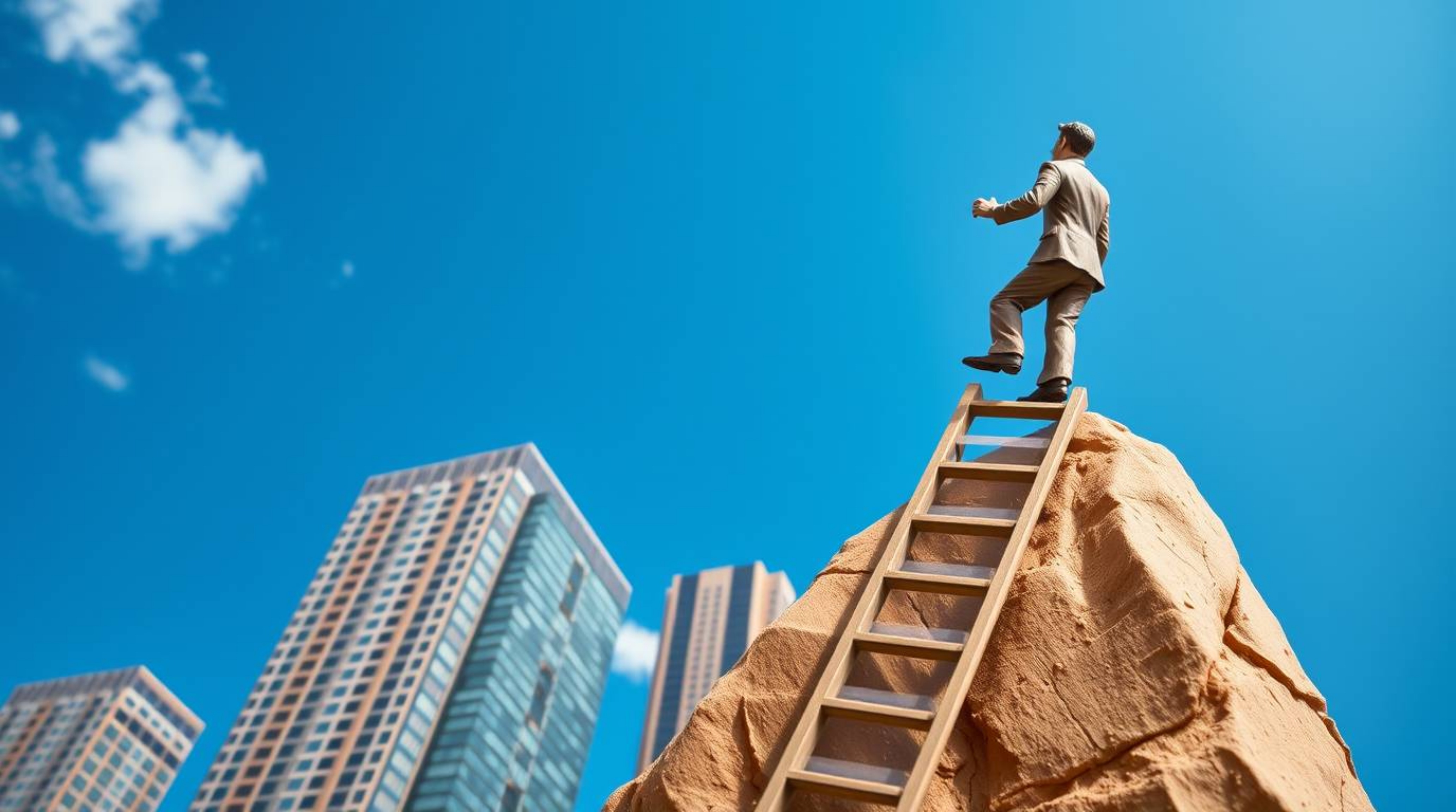 This captivating artwork depicts the concept of success through a sculpted clay figure of a businessperson ascending a transp