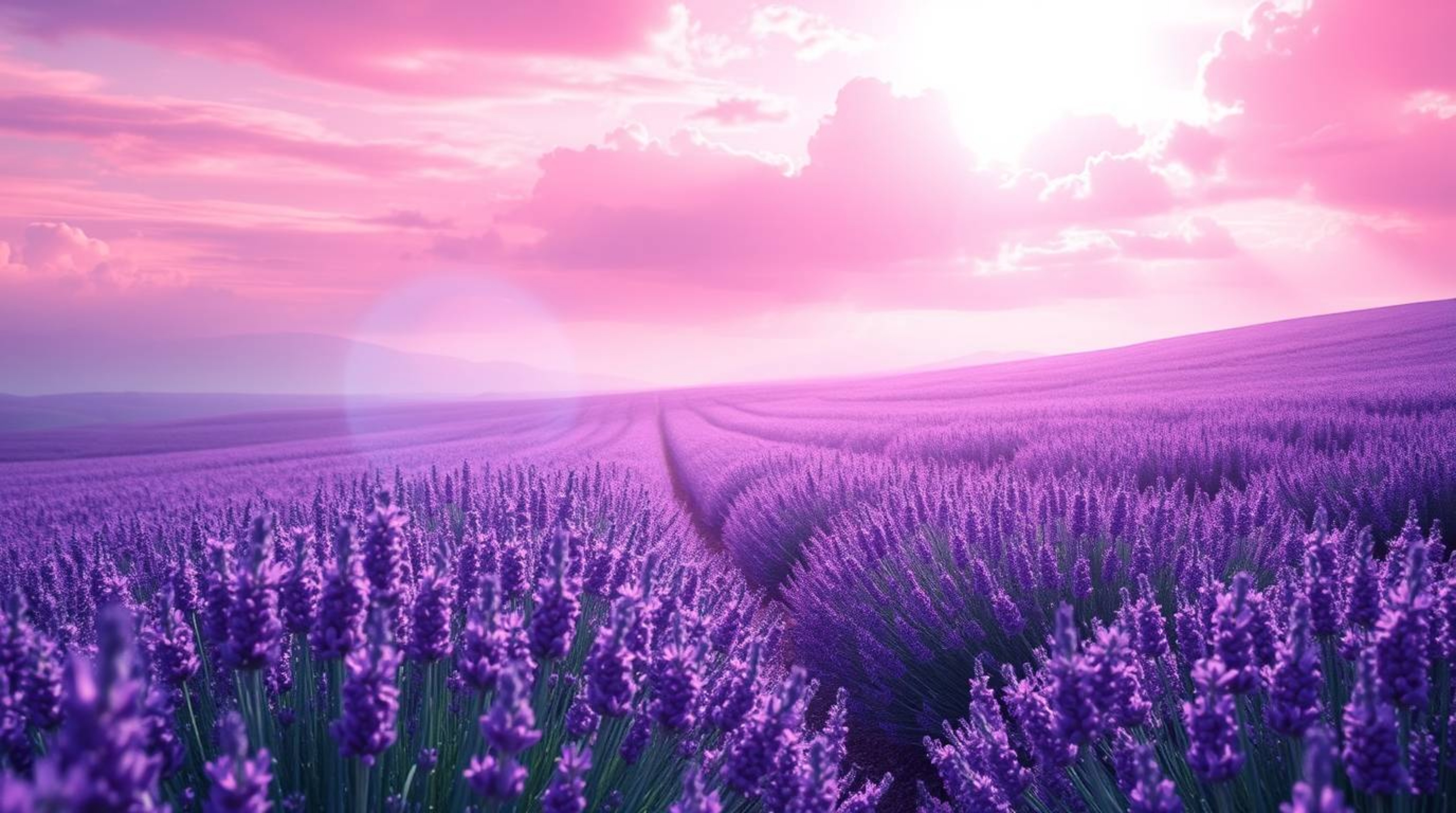 Immerse yourself in the ethereal beauty of digital art featuring lavender fields bathed in the soft glow of a dreamy pink sky