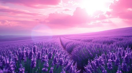 Immerse yourself in the ethereal beauty of digital art featuring lavender fields bathed in the soft glow of a dreamy pink sky