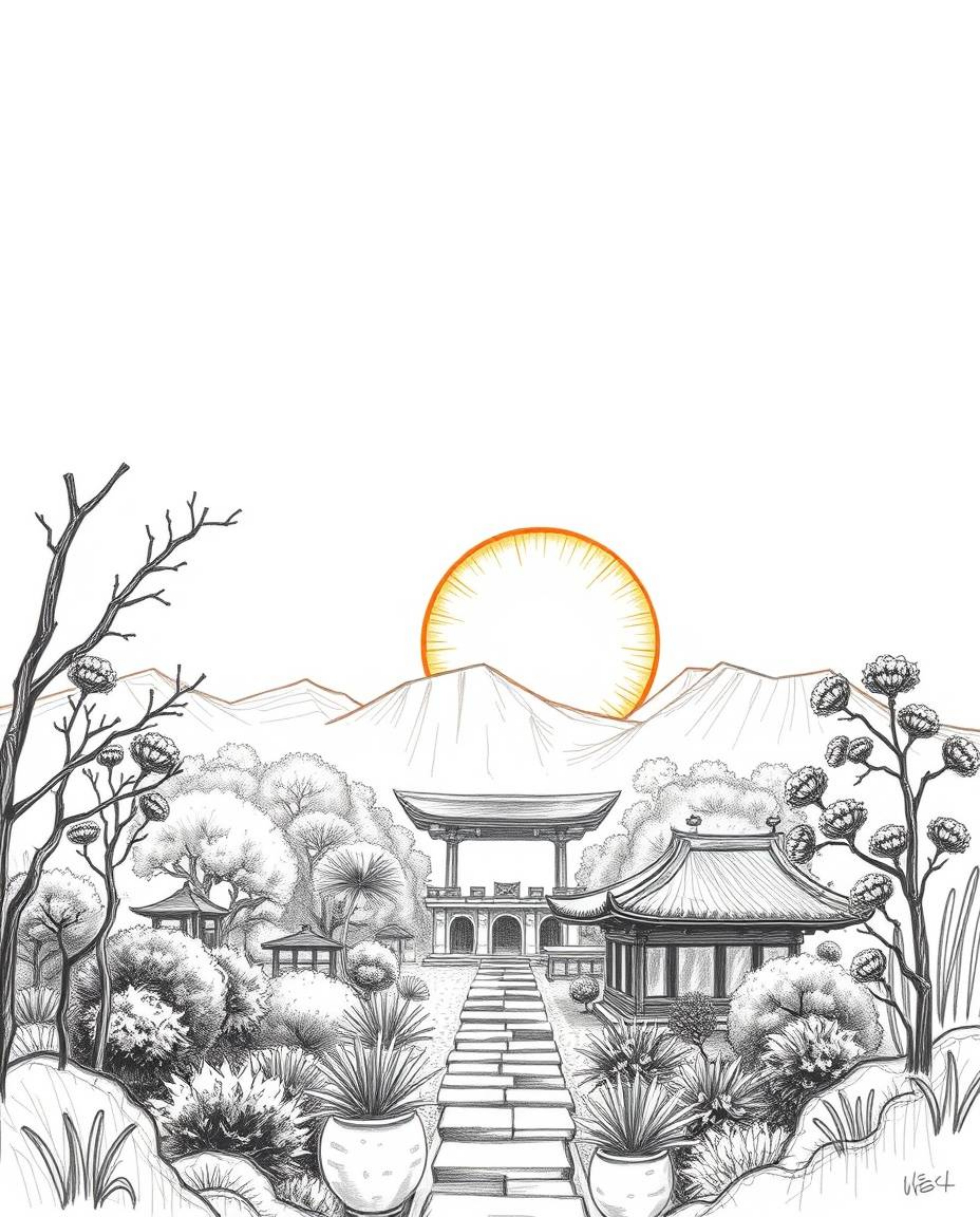 Hand-drawn sketch of a massive, heroic scene, depicting a sunset over a serene Zen garden, rough lines, textured pencil strok