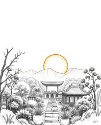 Hand-drawn sketch of a massive, heroic scene, depicting a sunset over a serene Zen garden, rough lines, textured pencil strok