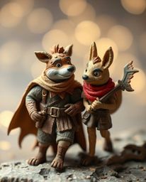 A captivating papier-mâché illustration depicts a talking animal sidekick assisting a hero on an epic journey.  The sharp foc