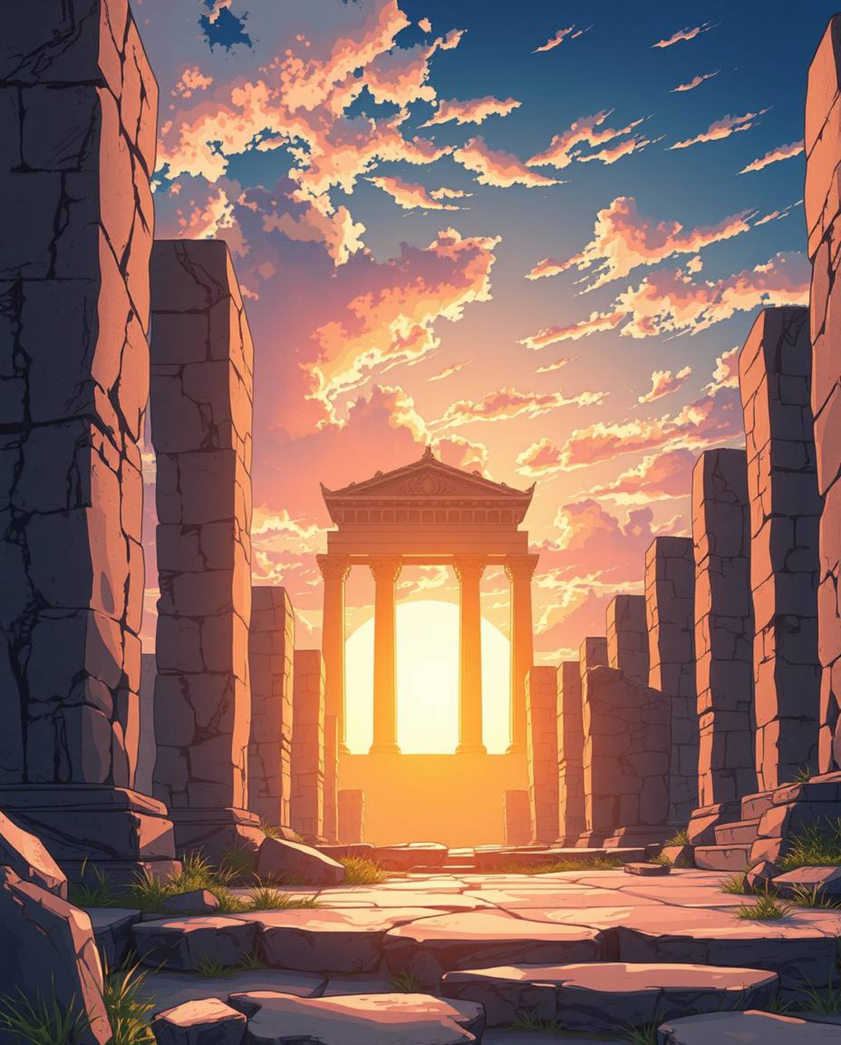 Step into another world with this Isekai anime style illustration of ancient stone ruins at sunset. The scene is defined by i