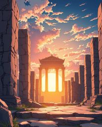 Step into another world with this Isekai anime style illustration of ancient stone ruins at sunset. The scene is defined by i