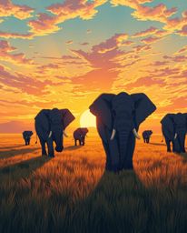 This is an Isekai anime style illustration of elephants walking across a field at sunset. The scene is defined by its creativ